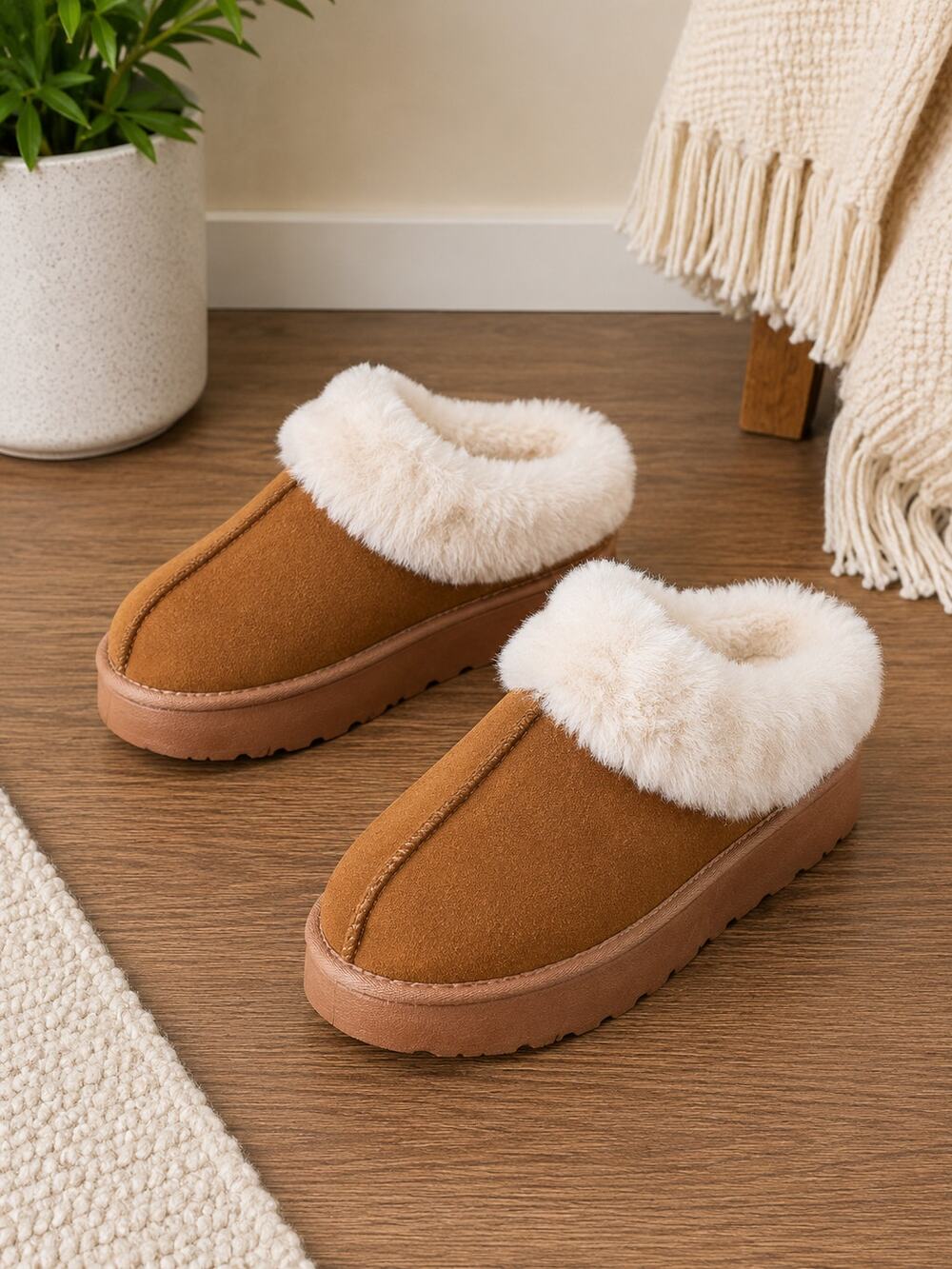 Women’s Faux Suede Platform Slippers Brown Plush Fur House Shoes Size 12 NWOT